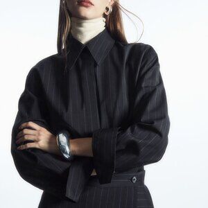 COS WAISTED WOOL SHIRT navy pinstripes button down